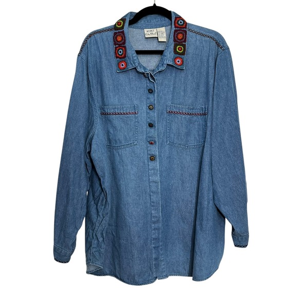 Koret City Blues Vintage Denim Shirt Top Crochet Collar Embroidered Size 24W - Picture 1 of 8